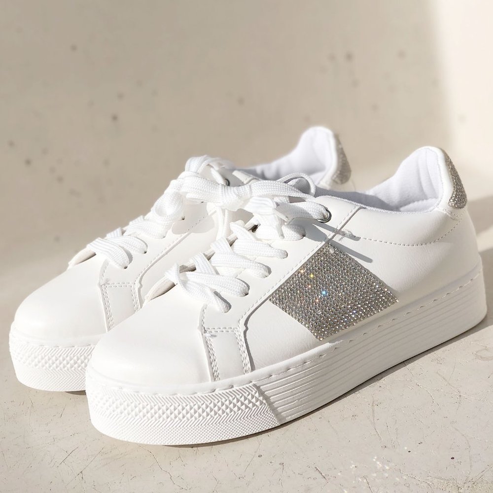 NEW White Sparkly Rhinestone Bling Bling Glam Glitz Platform Sneakers Shoes - Picture 4 of 10